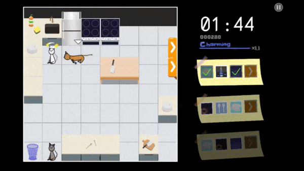 Clumsy Cat Kitchen preview GIF. Three cats of different colours are bumping into kitchen appliances, which increases the player's score counter. A timer is counting down in the top right.